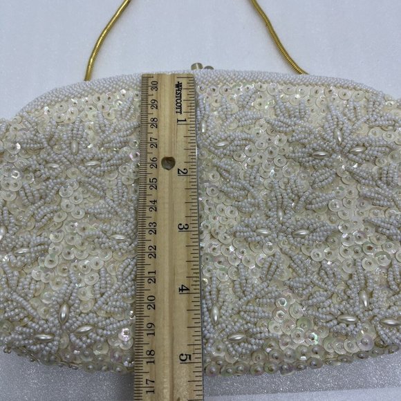Vintage Beaded Purse Kiss Lock Bags by Debbie Cream White Shimmer Gold 9.5x5.5” - Picture 16 of 16